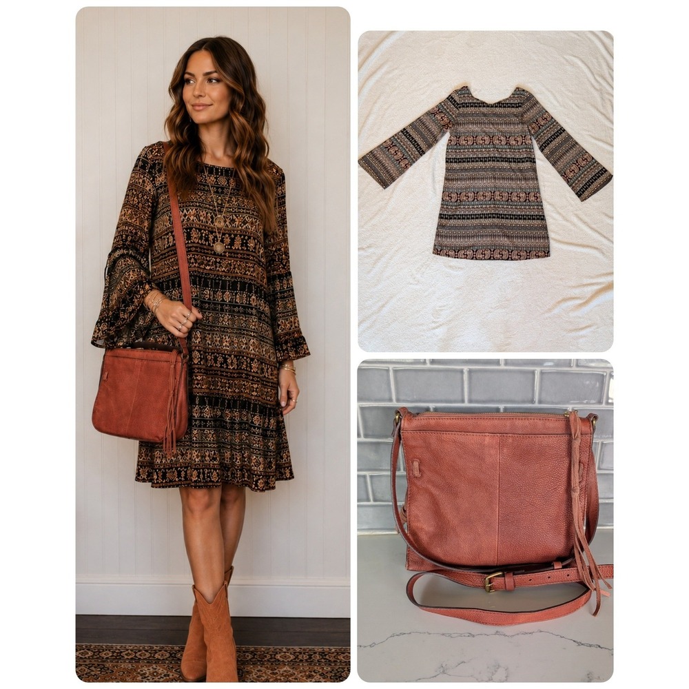 Boho Chic Paisley Long-Sleeve Bell Shift Dress in Black/Brown size Large